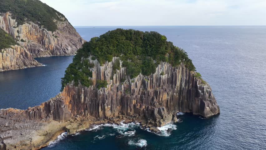Aerial View of Tategasaki Basalt Cliffs Rising from the Pacific Ocean, Japan