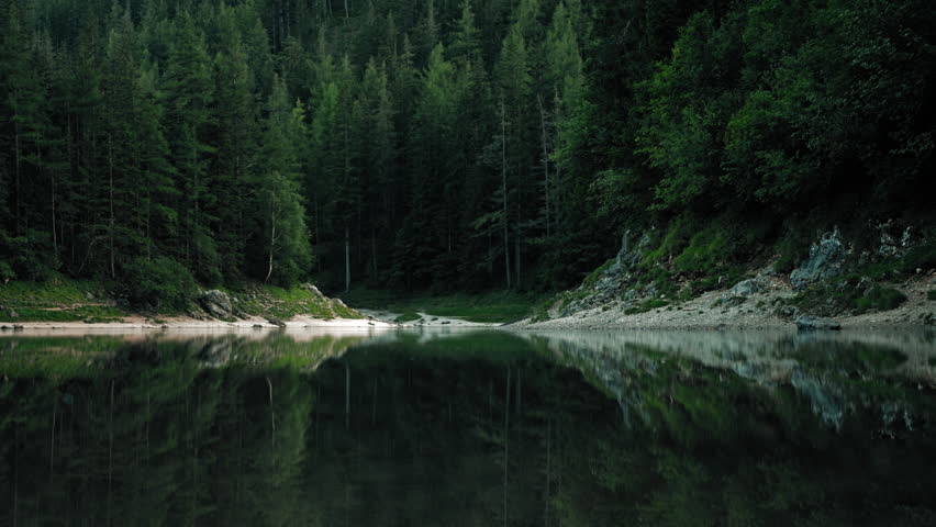 Serene cinematic view of Gruner See lake in Austria surrounded by dense alpine forest with calm water reflections
