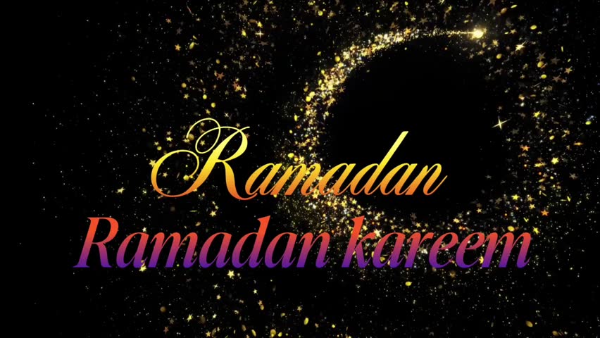 Beautiful Ramadan Kareem text animation with colorful gradient typography and simple mosque icon on black background. Modern and elegant Islamic greeting video suitable for Ramadan greetings, social media content, digital promotions, intros, and religious holiday visuals.