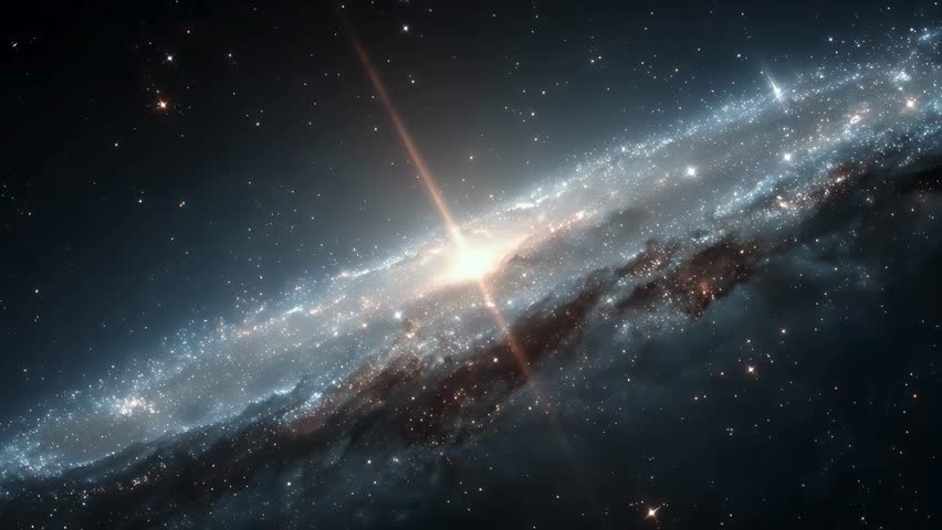 Vibrant spiral galaxy illustration with a bright core and light beam