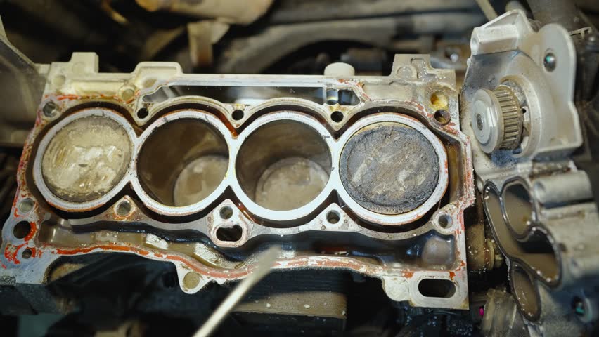 Technician uses screwdriver to remove carbon deposits from engine piston due to increased oil consumption and worn components. Top view of disassembled internal combustion engine without cylinder head