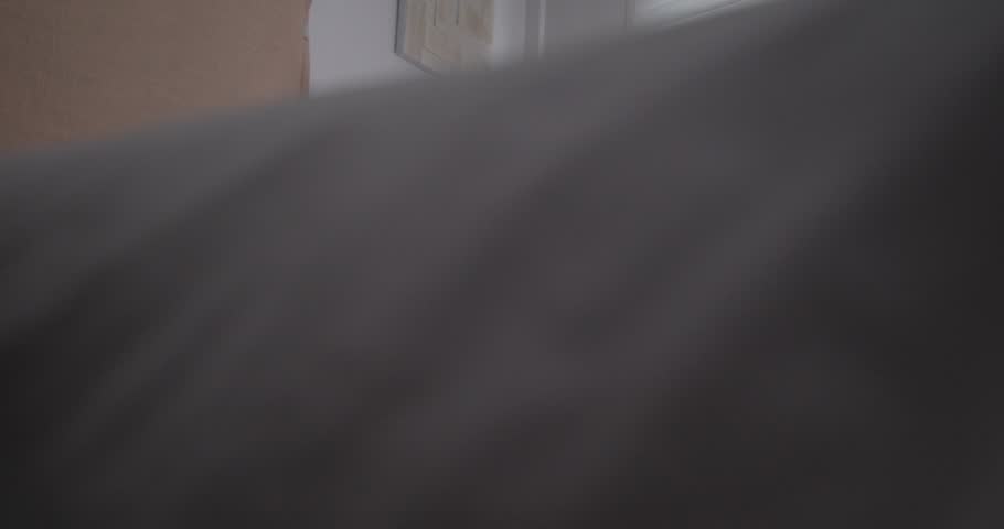 Happy dark haired woman spreading soft white blanket on bed in bright bedroom. Low angle view of female making bed and covering camera with sheet.