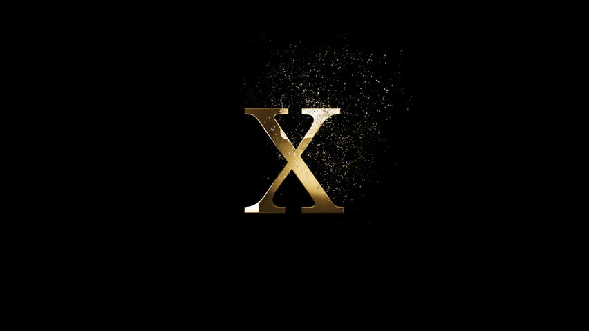 Gold letter X with gold particles and alpha channel, gold alphabet, gold letter with particles and transparent background for design