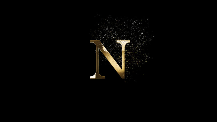 Gold letter N with gold particles and alpha channel, gold alphabet, gold letter with particles and transparent background for design