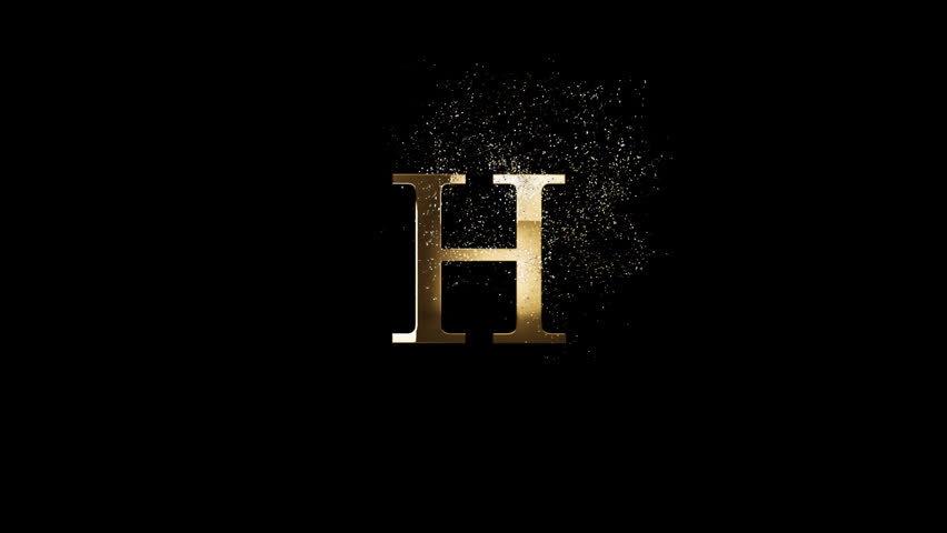 Golden letter H with gold particles and alpha channel, golden alphabet, gold letter with particles and transparent background for design