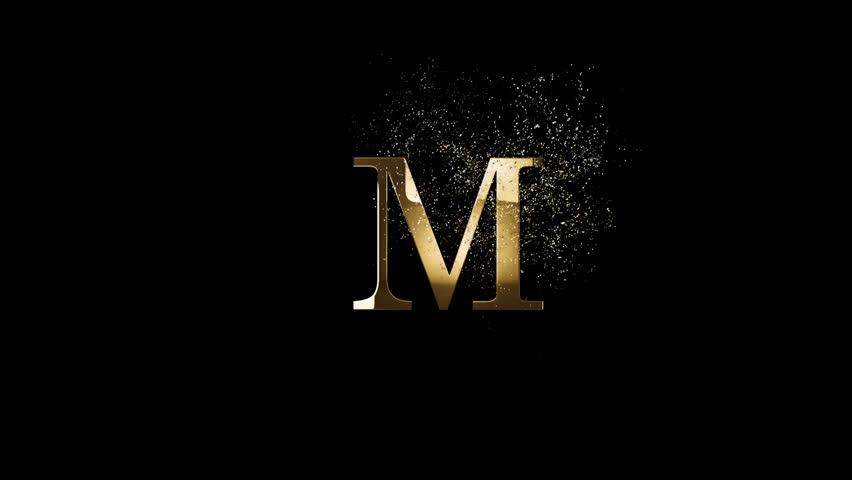 Golden letter M with gold particles and alpha channel, golden alphabet, gold letter with particles and transparent background for design