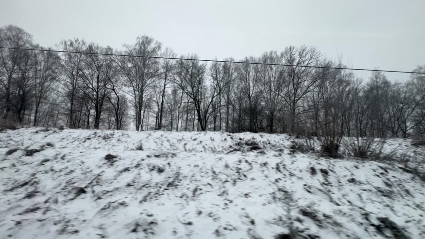 Trees and hills covered in snow in winter. View from a moving train window.