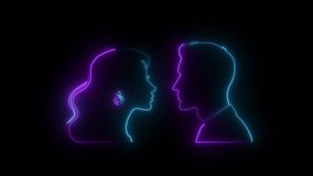 Neon glowing man and woman face profile silhouette on black background. romantic couple outline relationship communication concept futuristic light portrait love connection digital.4k video - Powered by Shutterstock - Get 15% off with code: PIKWIZARD15