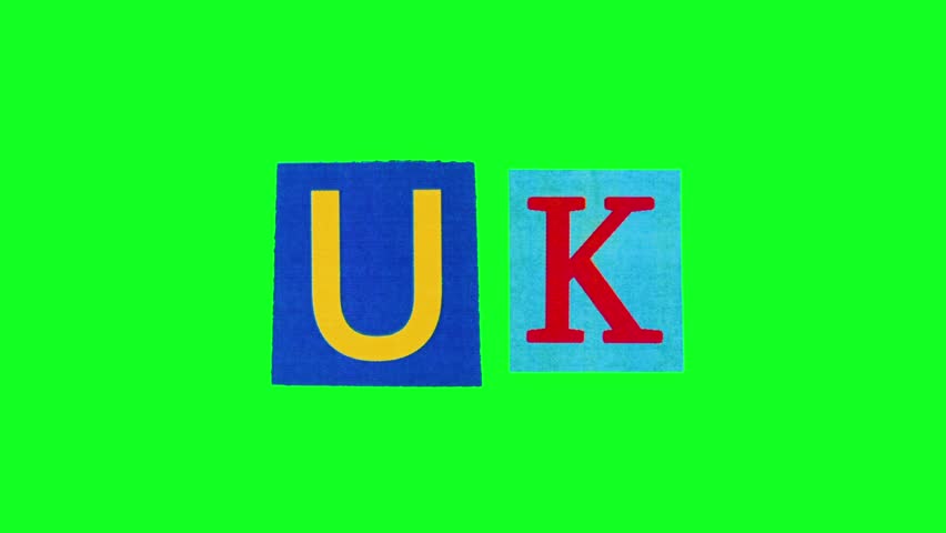 UK letters on green background, cutout newspaper typography arranged in handmade collage, stopmotion animation vibe, textured paper edges, vibrant color Stickers are crumpled on green screen