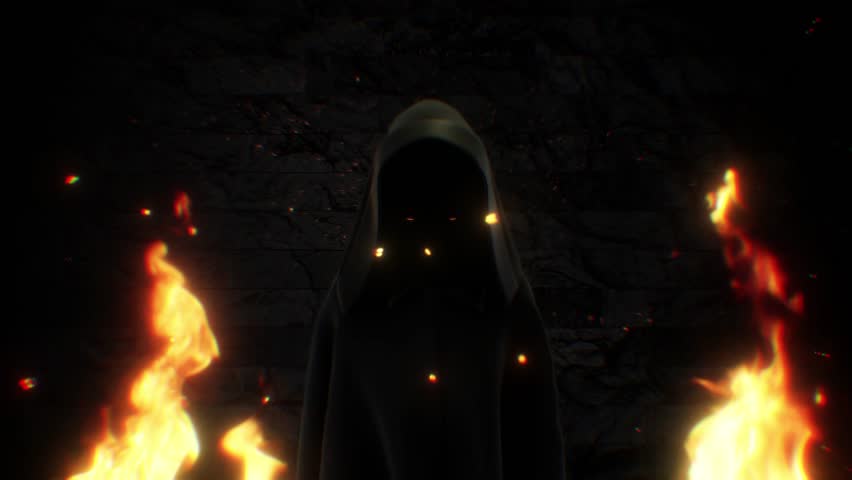 A mysterious hooded figure surrounded by glowing flames and embers, and stood in front of a stone wall with glowing mystical dark magic symbols.
