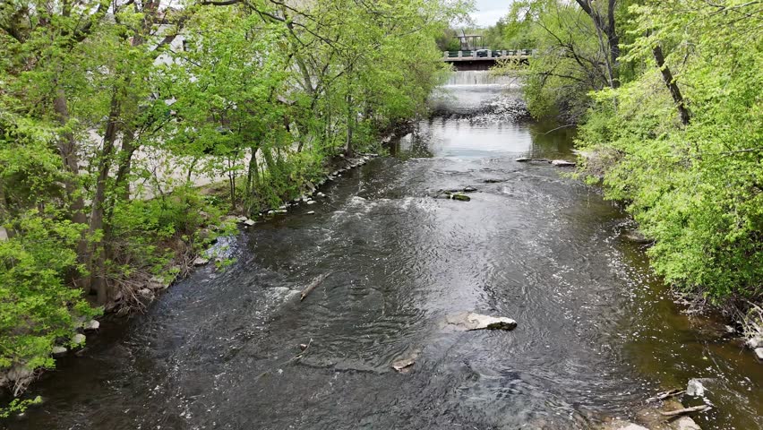 Aerial of Cedarburg Wisconsin on Spring Day.  Focus on the gentle rapids of the river through the park.  Drone passes through the trees towards bridge.