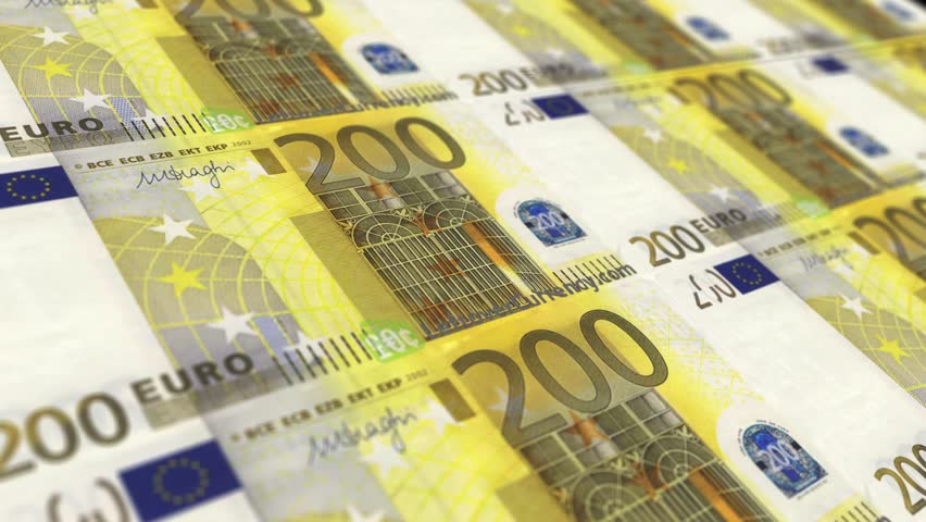 200 Euro banknotes sliding animation with realistic camera angle. Money falling down animation