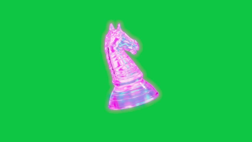 Animated iridescent knight chess piece balloon floating on a green screen background.