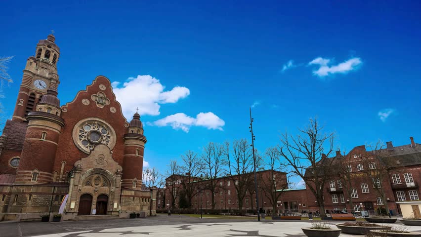 Malmo, Sweden  Skyline view of the famous St. John’s Church in central MalmoSt Johannes Church in Malmo, SwedenMalmo, Sweden - July 26, 2017: Exterior of the Triangeln railway station and St. John