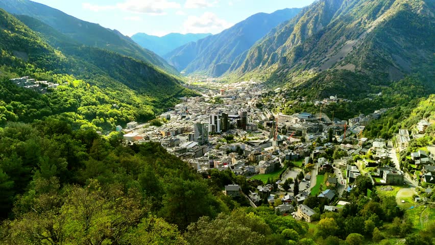 Aerial drone view of Andorra in the Pyrenees mountains between France and Spain.