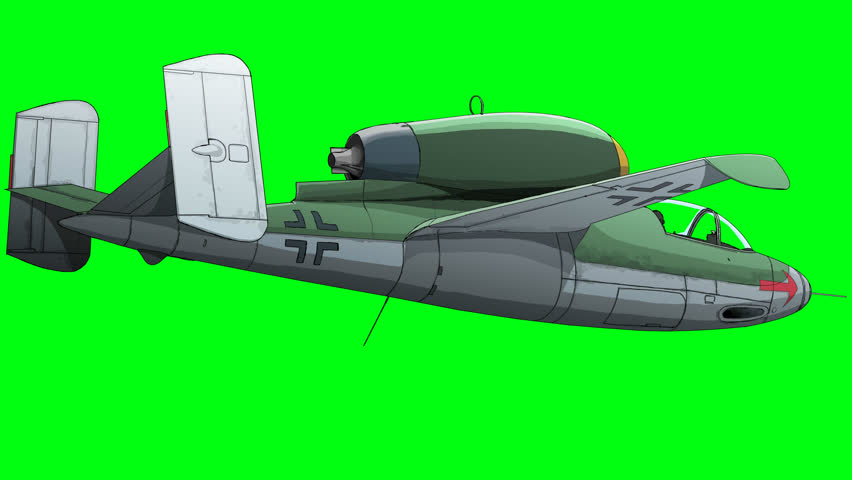 A German Air Force HE-162 fighter jet from World War II, against a green screen background.