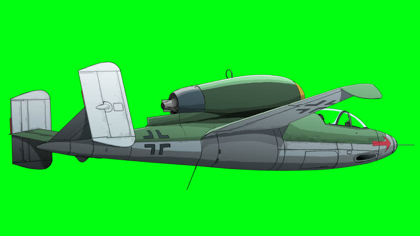 A German Air Force HE-162 fighter jet from World War II, against a green screen background.