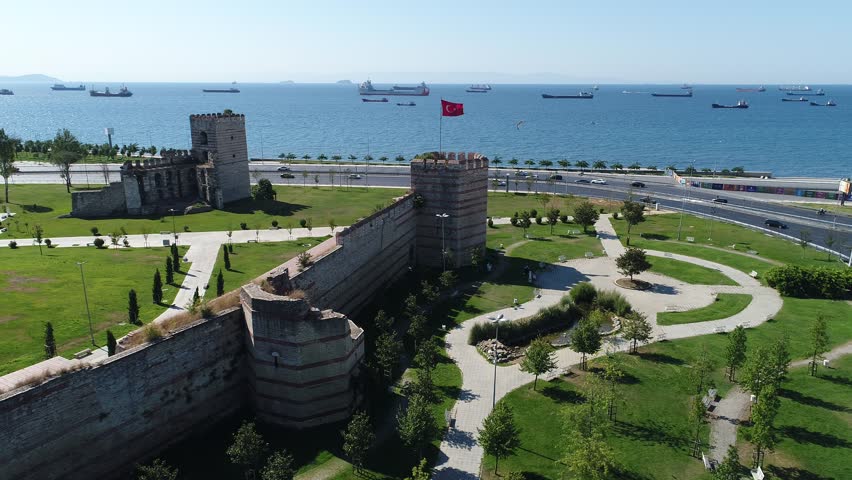The historic city walls of Istanbul. A general view of the Istanbul city walls. An aerial view of the historical and general views of the city.