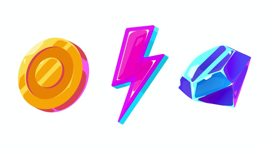 Set of 2D animated reward icons including coin, lightning bolt and diamond. Smooth looping UI animations on white and black backgrounds for games, apps, reward systems and digital projects