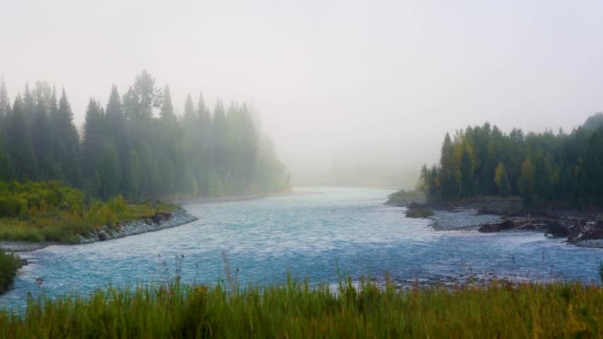 Foggy morning on the Katun River, Altai, Russia