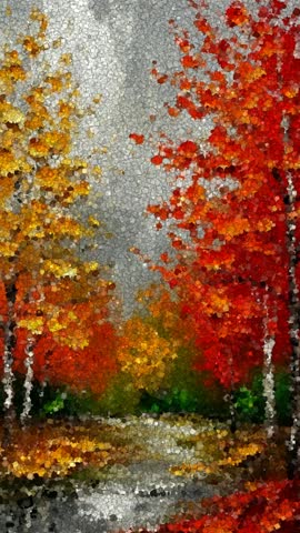 Autumn Forest Painting with Thick Impasto Texture and Colorful Fall Leaves Reflection, Made of Cubes