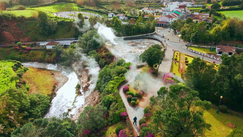 The Caldeiras das Furnas are geothermal hot springs and fumaroles in Vila das Furnas on Sao Miguel Island, Azores. Aerial view of a unique geological and natural landscape.