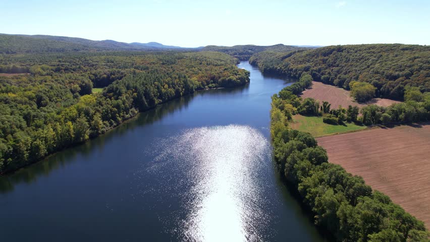 Aerial footage of the Connecticut River on a sunny day