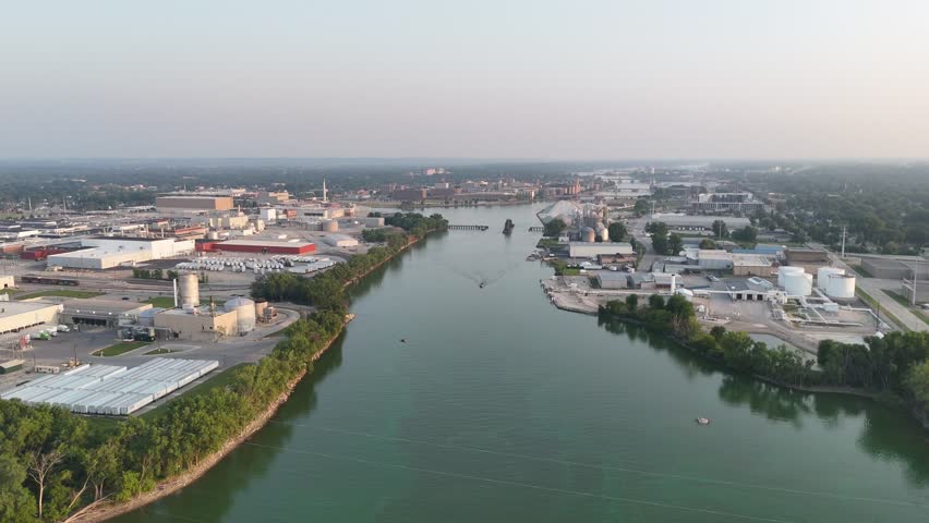 Drone Push shot of Green Bay Wisconsin USA at Dusk.  Evening Light reflects off the Fox River with Boat Traffic nearby.  Drone passes over industrial area and water treatment facility.  