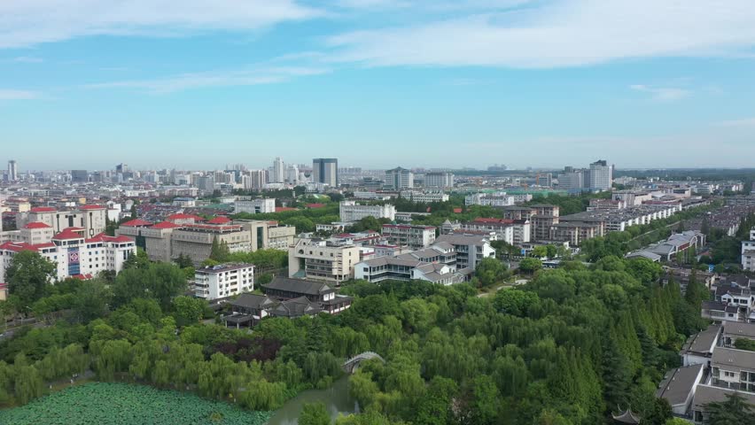 Aerial view of Yangzhou cityscape and historic architecture in Jiangsu, China