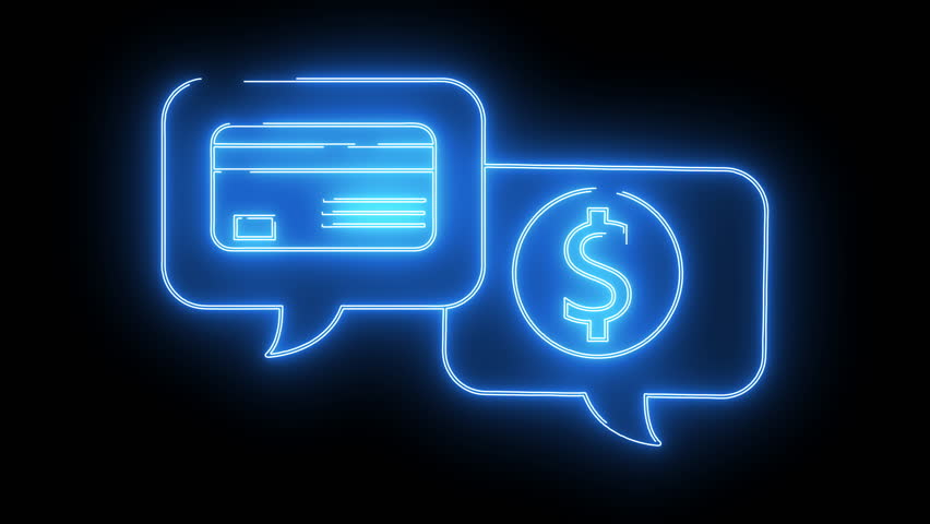 Two speech bubbles outlined in blue neon one has a credit card image the other a dollar sign inside a coin