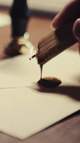 Cinematic close up of hand melting and pressing a brass wax seal onto traditional vintage letter for formal correspondence motion clip