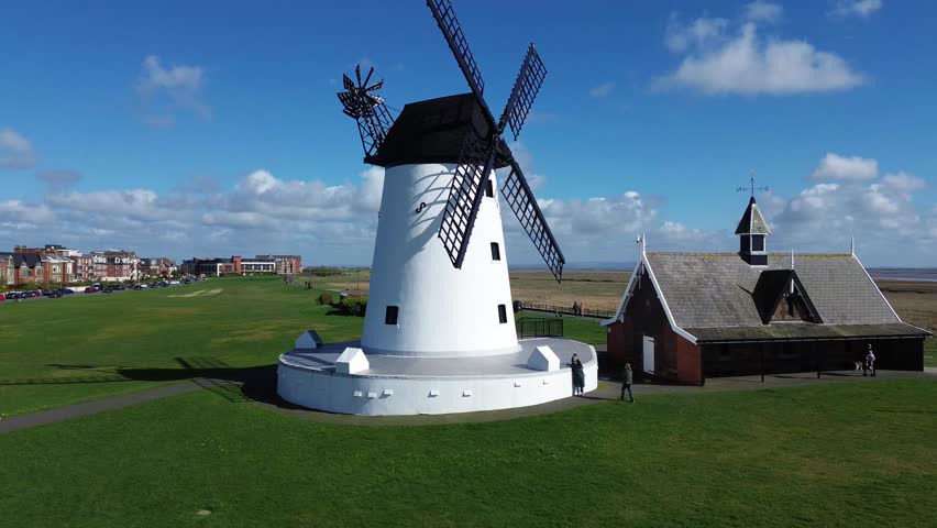 British Windmill Drone Pan Right UK Beach