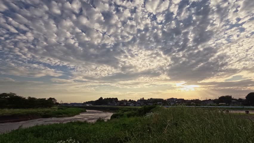 Time-lapse of clouds and sunset, landscape with river 