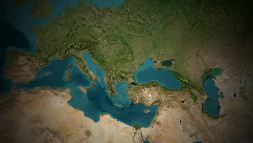 Dynamic satellite map zooming from Europe to Istanbul Turkey. Cinematic geographic animation with location text label.