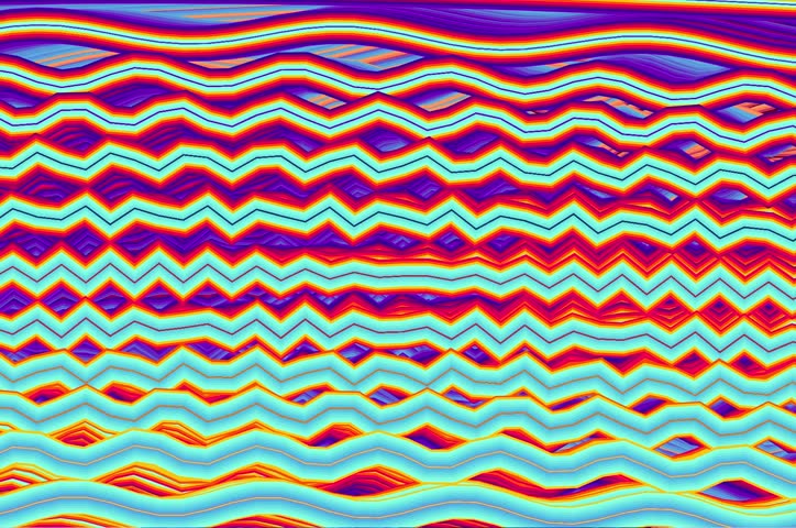 This eye-catching motion graphics background features a vibrant array of psychedelic zigzag and chevron patterns that pulse with a dynamic spectrum of colors. The fluid animation showcases shifting layers of electric turquoise, fiery orange, deep magenta, and golden yellow, creating a mesmerizing optical illusion of constant movement. Each undulating line flows seamlessly into the next, evoking a high-energy, retro-synthwave aesthetic reminiscent of 1980s television glitches and modern digital art. This colorful, high-contrast visual is perfect for upbeat electronic music videos, vibrant social media content, creative branding backgrounds, and abstract digital displays. The energetic and ever-evolving color palette makes it an ideal choice for projects that require a bold, hypnotic, and professional-grade abstract backdrop that captures and holds the viewer's attention instantly.