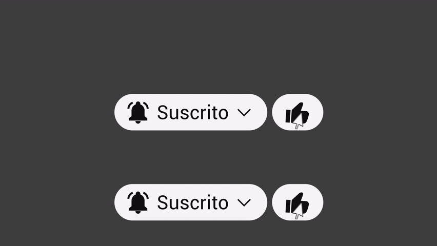 Subscribe Button Pack Spanish – Bell and Like Icons – 4K Transparent. This Subscribe animation pack features two Spanish-language button animations with bell and like interactions. After subscribing, bell and like icons appear and are clicked, changing color. Two button color versions included. Spanish language UI.