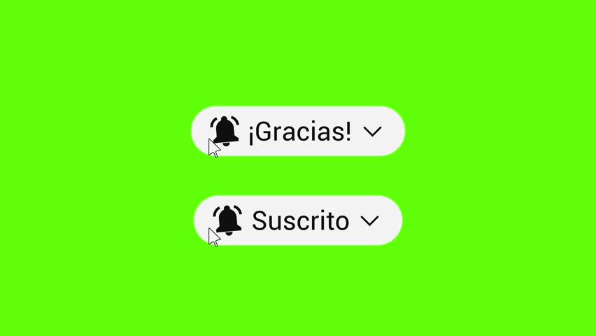 Subscribe Button Pack Spanish Text Red – Suscrito and Gracias – 4K Green Screen. Subscribe button animation pack featuring two red subscribe buttons with Spanish text. Button color and text change after click. Delivered on a green screen background for easy chroma key removal. Spanish language text, two animations in one video.