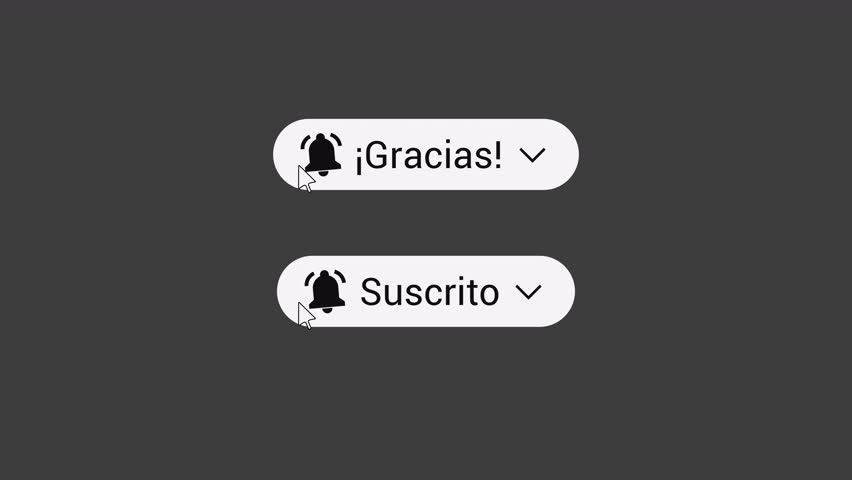 Subscribe Button Pack Spanish Text Black – Suscrito and Gracias – 4K Transparent. This pack includes two black subscribe button animations with Spanish text, combined in one video. After clicking, the button changes color and text. Ideal for modern UI overlays and Spanish-language content. Spanish language text, two animations in one video.