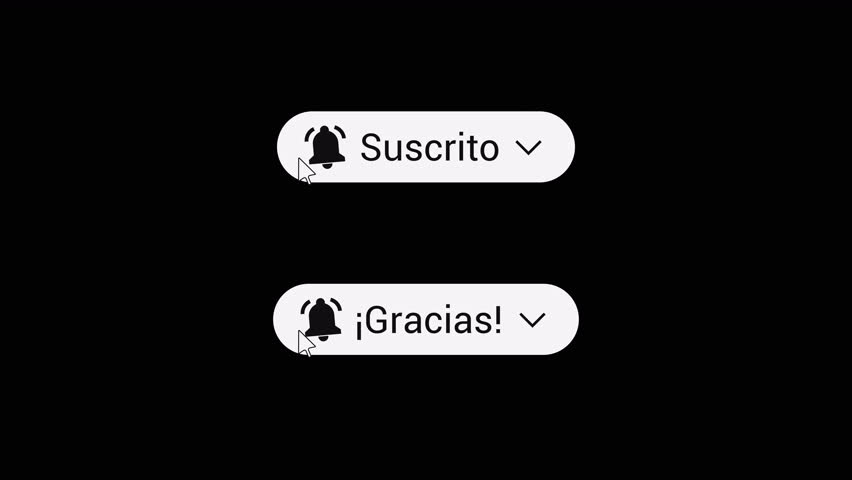 Subscribe Button Pack Spanish Text Red – Suscrito and Gracias – 4K Transparent. This subscribe button animation pack includes two red button animations with Spanish text, combined in one 4K video. After click, the button changes color and text, simulating a real subscription action. Perfect for video overlays, intros, outros, and call-to-action animations. Spanish language text, two animations in one video.