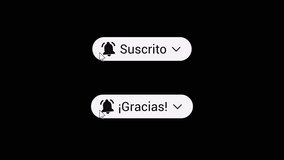 Subscribe Button Pack Spanish Text Red – Suscrito and Gracias – 4K Transparent. This subscribe button animation pack includes two red button animations with Spanish text, combined in one 4K video. After click, the button changes color and text, simulating a real subscription action. Perfect for video overlays, intros, outros, and call-to-action animations. Spanish language text, two animations in one video. - Powered by Shutterstock - Get 15% off with code: PIKWIZARD15