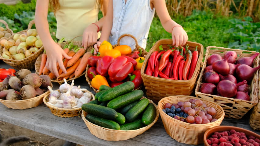 A child at a farmers market with vegetables. Selective focus.