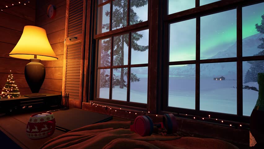 Warm, cozy interior of a wooden cabin with a snowy landscape outside the window, soft ambient lighting, festive string lights, and a feeling of Christmas comfort and tranquillity. 3D animation.
