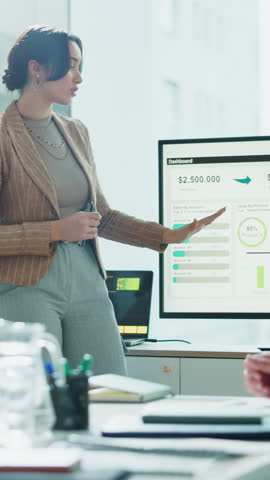 Business woman, meeting or coaching with screen for statistics, analytics or performance review. Female person, speaker or team with monitor or presentation for graph, chart or company data.
