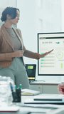 Business woman, meeting or coaching with screen for statistics, analytics or performance review. Female person, speaker or team with monitor or presentation for graph, chart or company data. - Powered by Shutterstock - Get 15% off with code: PIKWIZARD15