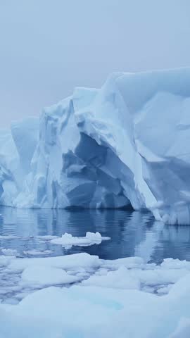 Big Iceberg in Antarctica Winter Scenery, Amazing Shape Ice Formation of Massive Large Enormous Blue Icebergs in Antarctic Peninsula Landscape Seascape with Ocean Sea Water 4k