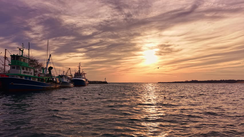 Fishing boats line the harbor under a breathtaking sunset. The sky glows with warm colors, reflecting on the calm water, while the day transitions into a serene evening.