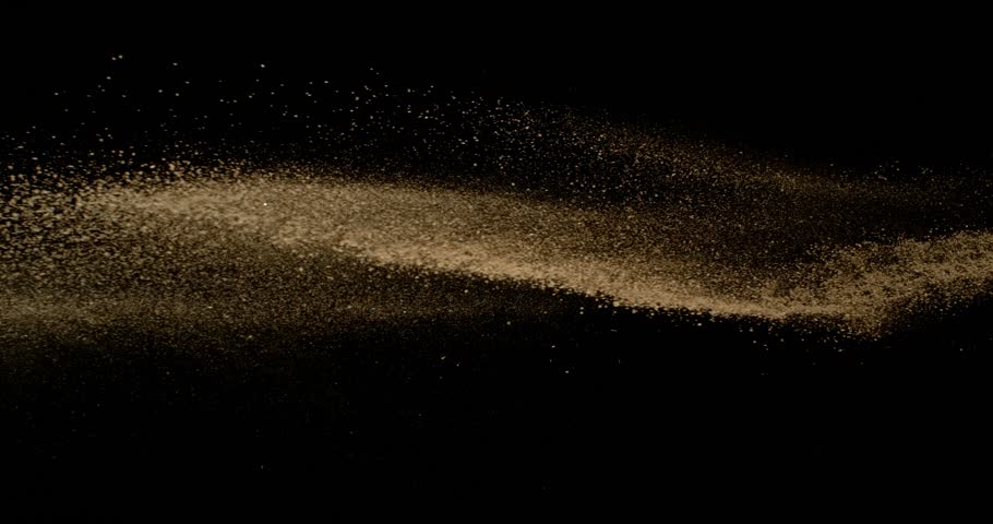Super Slow Motion of Falling Brown powder, Dirt Soil in the Air. Filmed on High Speed Cinema Camera , 1000fps. Isolated on Black Background. Stripe Design.