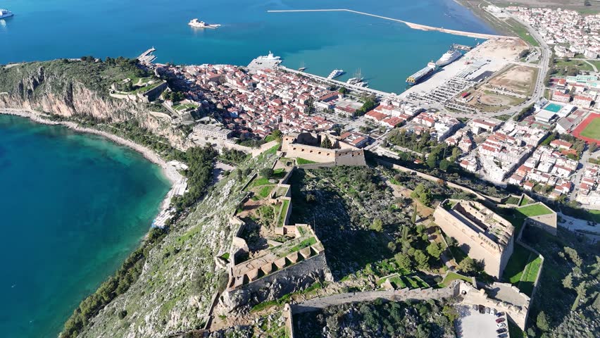 Aerial view of the Palamidi Fortress bastions on the mountain ridge, Nafplio, Peloponnese, Greece
