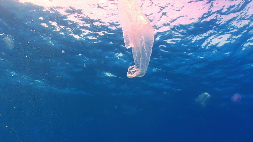Plastic bag floating in ocean, pollution environment