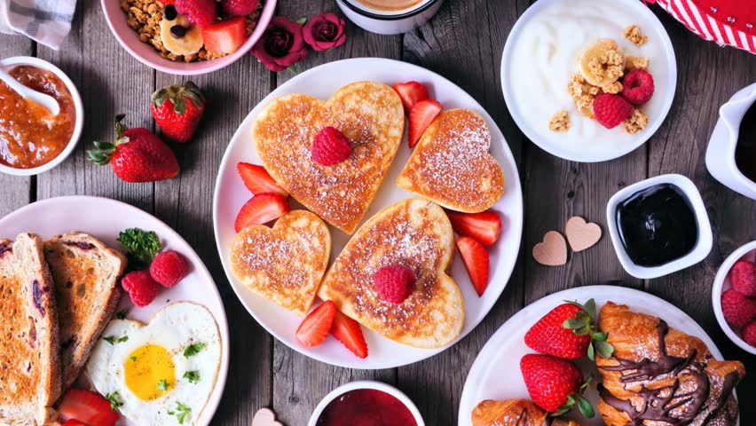 Valentines or Mothers Day brunch table scene. Slow rotating zoom motion. Top view on a dark wood background. Heart shaped pancakes, eggs and an assortment of love themed food.